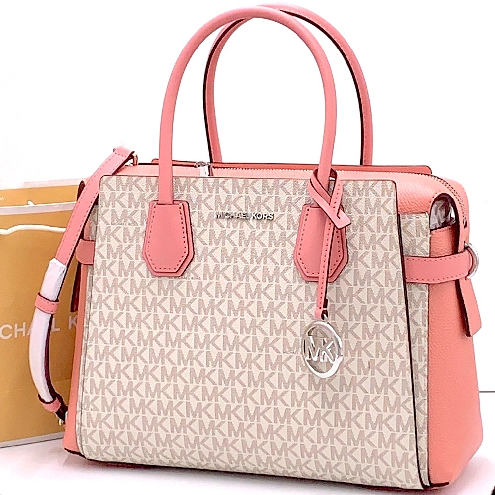 MICHAEL KORS MERCER MEDIUM TOP ZIP BELTED SATCHEL PRIMROSE VANILLA SIGNATURE